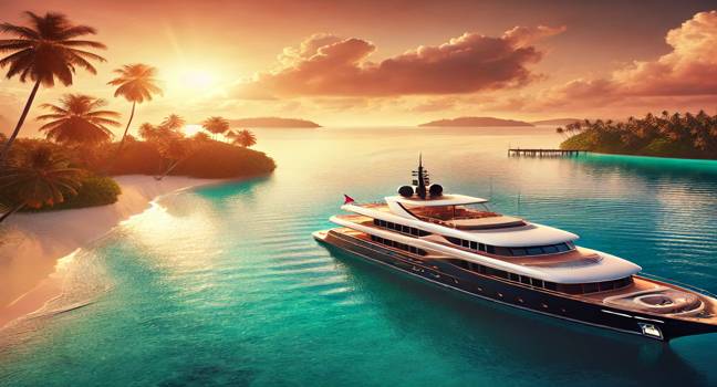 Master Yachting offers a luxury yacht anchored near a tropical island, surrounded by turquoise waters and palm trees