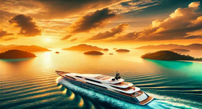 A luxury yacht cruising through calm turquoise waters, surrounded by distant islands and golden skies