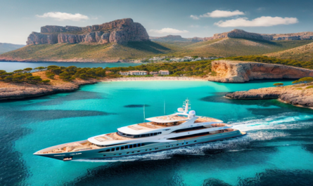 Mallorca Yachtcharter: Eine elegante Yacht im türkisfarbenen Wasser, umgeben von Klippen, Sandstränden und grünen Hügeln