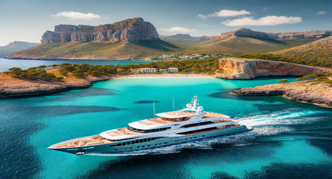 Mallorca Yachtcharter: Eine elegante Yacht im türkisfarbenen Wasser, umgeben von Klippen, Sandstränden und grünen Hügeln