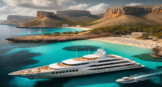 Mallorca Yachturlaub: Eine elegante Yacht vor der Küste Mallorcas, umgeben von türkisfarbenem Wasser, Sandstränden und beeindruckenden Klippen