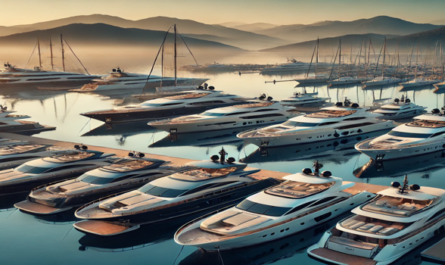 Discover a fleet of sleek motor yachts anchored in a tranquil marina, surrounded by mountains and clear skies, offering ultimate luxury