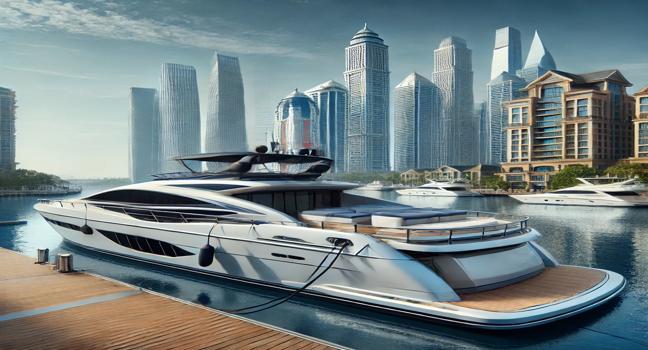 A modern motor yacht docked at a scenic marina with elegant waterfront buildings and a clear blue sky, showcasing the luxurious bridge boat design and sleek features