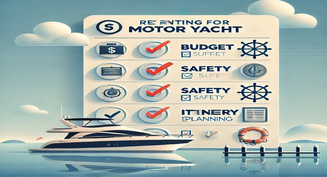 Eine Checkliste mit wichtigen Tipps zur Miete einer Motoryacht, mit ruhigem blauem Wasser und klarem Himmel für perfekte Planung