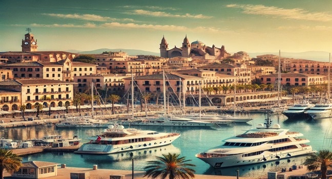 Port de Palma de Mallorca - Luxusmarina mit historischen Gebäuden im Hintergrund und einer atemberaubenden Aussicht auf die Küste