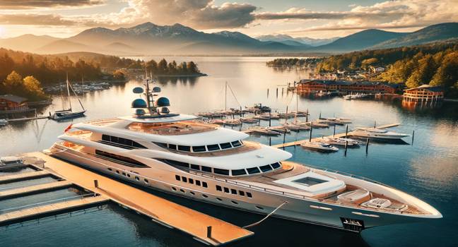 A private yacht docked at a luxurious marina surrounded by scenic views, representing premium private yacht rentals and charters