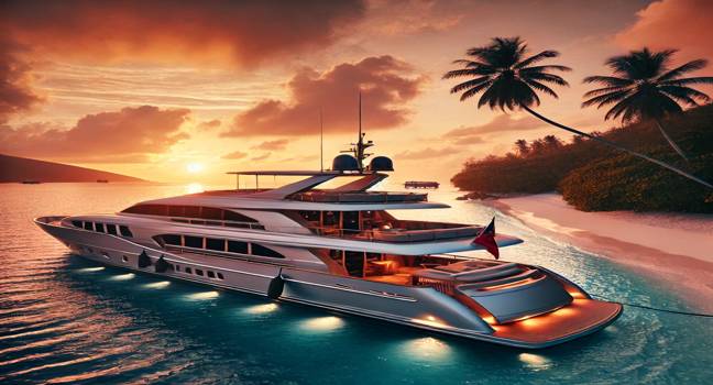 A private yacht anchored at sunset near a pristine tropical beach, reflecting exclusivity and luxury for private yacht rentals