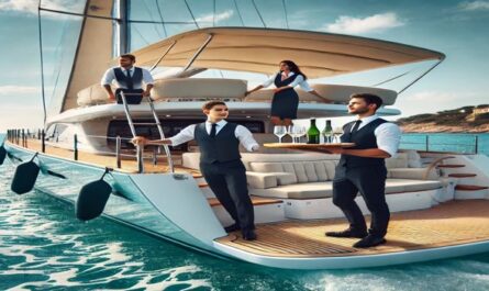 A professional yacht crew on a luxury yacht under blue skies, working together on calm turquoise waters