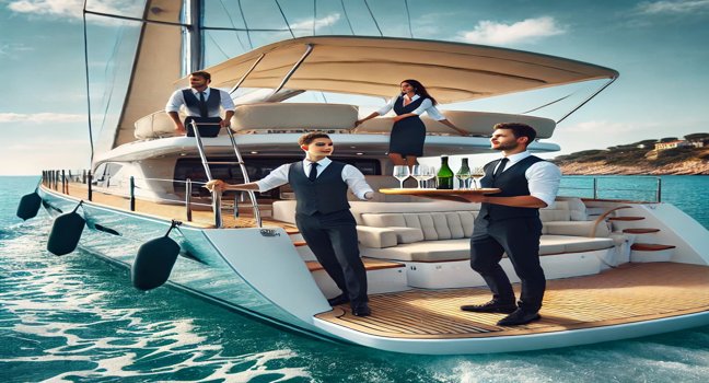 A professional yacht crew on a luxury yacht under blue skies, working together on calm turquoise waters