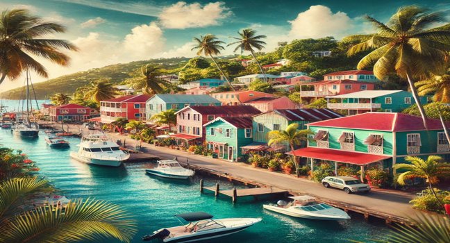 Bunte Gebäude, Palmen und ein belebter Hafen prägen das tropische Flair von Road Town auf Tortola