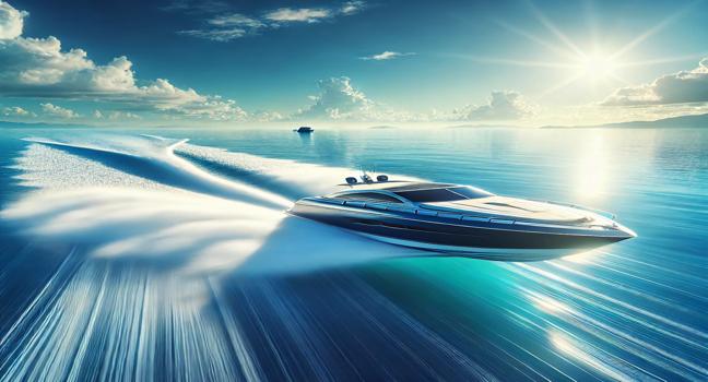 A sleek speedboating scene on calm blue waters under a sunny sky, showcasing the perfect blend of serenity and thrill