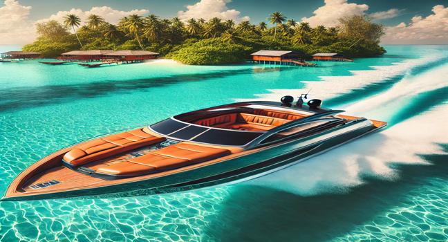 A vibrant and modern speedboating scene on crystal-clear turquoise waters with a tropical island in the background, showcasing adventure and the beauty of nature