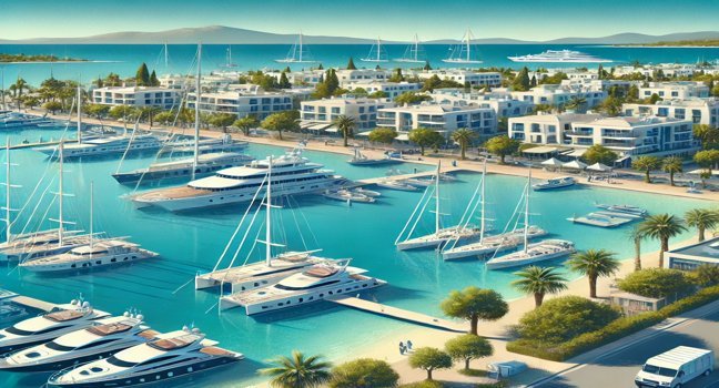 Moderne Marina von Kos mit ihren Yachten, türkisblauen Gewässern und der charmanten Altstadt – ideal für Bootstouren und Abenteuer