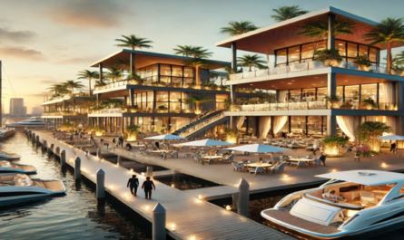 Experience an elegant yacht club with modern architecture, luxury yachts, and stunning sunset views, offering a premium lifestyle by the water