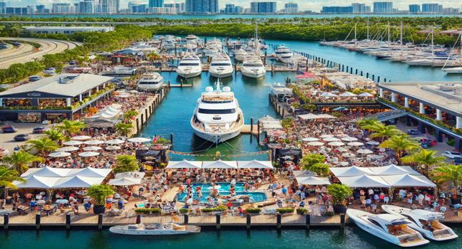 A vibrant yacht club hosting a lively daytime event, with yachts docked at a marina, people enjoying activities, and a festive atmosphere under a sunny sky