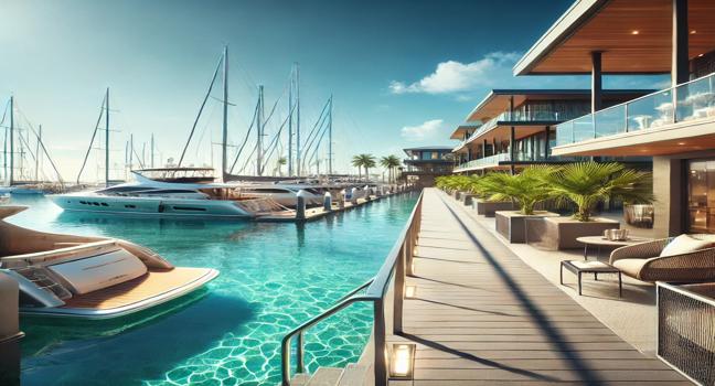 A peaceful marina at sunrise with calm waters reflecting the warm colors of the early morning sky and a modern clubhouse in the distance