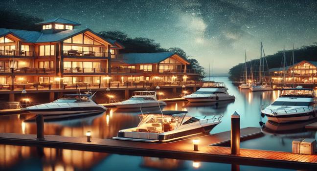 A cozy yacht club at night, with softly lit yachts, calm water reflections, and a warm-lit clubhouse under a starry sky, showcasing the serenity of yacht club life