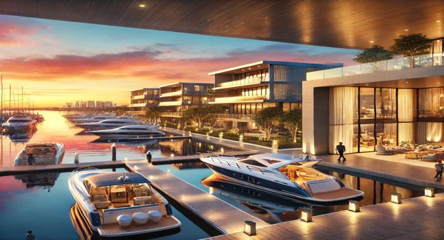 An elegant yacht club scene showcasing a luxurious marina with yachts docked at sunset, highlighting the exclusivity and vibrant community of the yacht club lifestyle