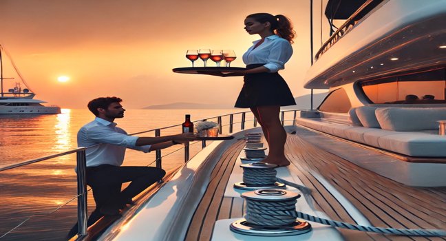 A yacht crew working during sunset with a stewardess serving drinks and a deckhand maintaining the yacht as the calm water reflects the golden sky