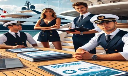 A professional yacht crew working on a luxury yacht with calm ocean views, showcasing teamwork, opportunity, and vibrant yacht job openings