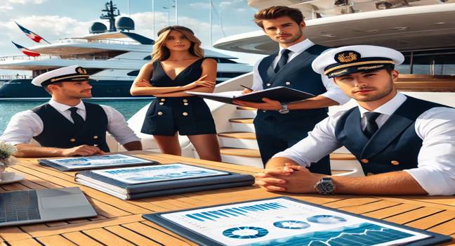 A professional yacht crew working on a luxury yacht with calm ocean views, showcasing teamwork, opportunity, and vibrant yacht job openings