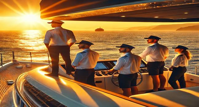 The yacht crew seen at sunset, managing onboard tasks with golden light over the calm sea, reflecting dedication and passion for yachting jobs