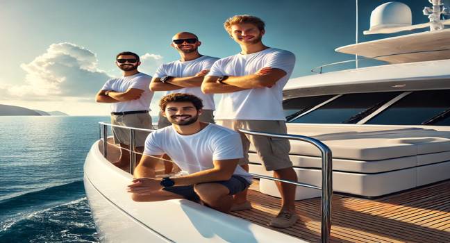 A yacht crew working together on deck, preparing the luxury yacht for its next voyage, showcasing teamwork and coordination