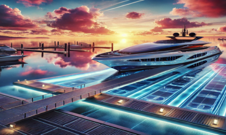 A sleek yacht at a high-tech launchpad, surrounded by reflective waters and a vibrant sunset, showcasing innovation and elegance