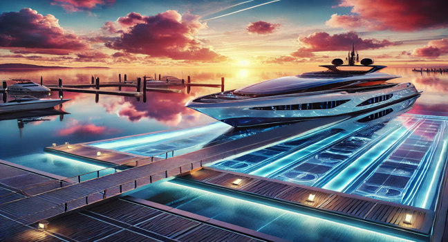 A sleek yacht at a high-tech launchpad, surrounded by reflective waters and a vibrant sunset, showcasing innovation and elegance