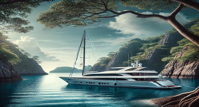 A luxury yacht anchored in a calm bay surrounded by rocky cliffs and lush greenery, perfect for highlighting the tranquility of yacht on rent experiences