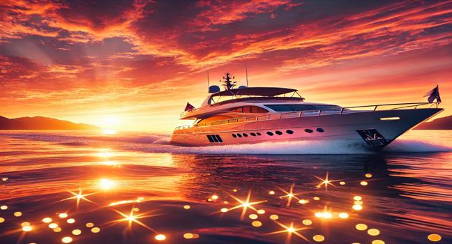 A luxurious yacht cruising through sparkling waters at sunset, with vibrant orange and pink skies showcasing the beauty of yacht on rent journeys