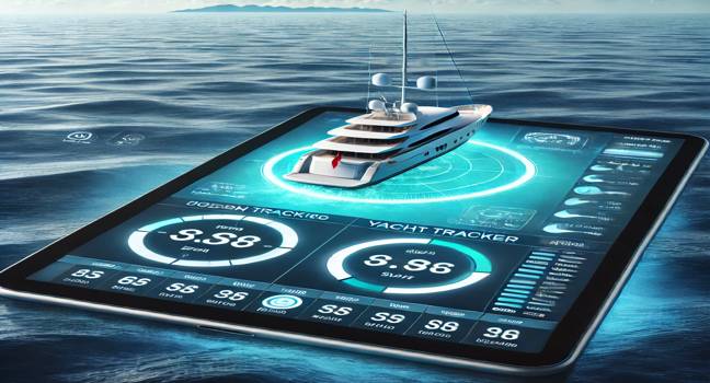 A modern yacht tracker displayed on a tablet screen with a yacht sailing on clear blue waters, showcasing real-time yacht tracking and technology