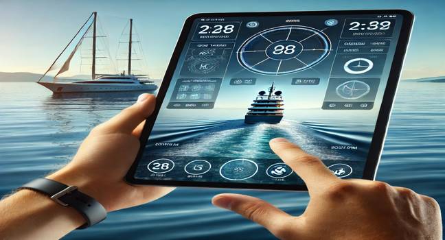 A modern yacht tracker system with a professional yacht sailing in calm waters, showcasing advanced navigation features