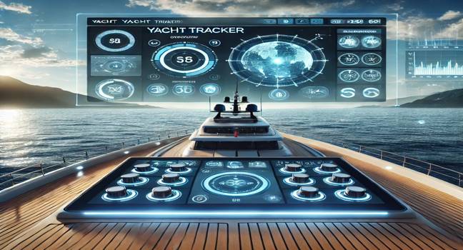 A high-tech yacht tracker interface on a yacht's navigation system, with a scenic ocean view and clear blue skies, highlighting advanced tracking solutions