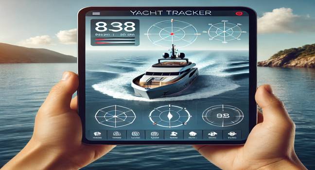 A sleek yacht tracker displayed on a tablet, showing advanced technology for yacht navigation and tracking