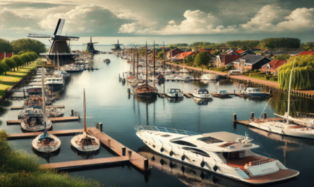 Yachtcharter in Holland: Malerische Yachten in einer Marina, umgeben von Windmühlen, grünen Wiesen und ruhigen Wasserwegen