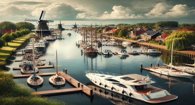 Yachtcharter in Holland: Malerische Yachten in einer Marina, umgeben von Windmühlen, grünen Wiesen und ruhigen Wasserwegen