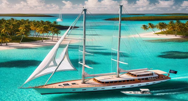 Ein luxuriöses Segelboot ankert in einer ruhigen Bucht der Abaco-Inseln, umgeben von türkisfarbenem Wasser und weißen Sandstränden