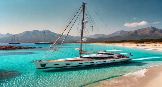 Ein elegantes Segelboot im türkisfarbenen Wasser von Marinella, umgeben von weißen Sandstränden und grünen Hügeln