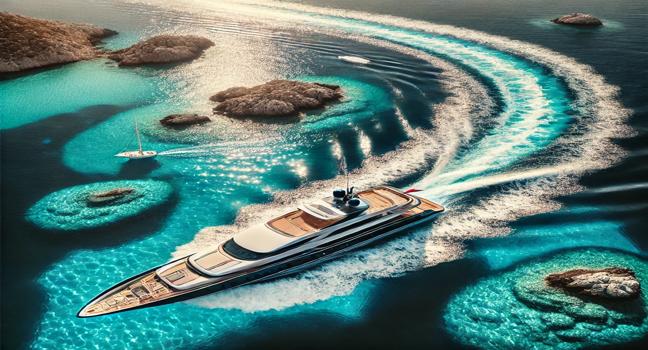 An aerial view of a stylish yacht cruising through sparkling Mediterranean waters, surrounded by small islands, showcasing the elegance of yachts for hire