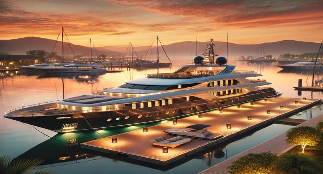 A luxury yacht docked at a serene marina during a vibrant sunset, reflecting exclusivity and tranquility, perfect for promoting yachts for hire