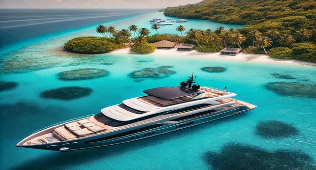 A sleek luxury yacht sailing near a tropical island with white sandy beaches and lush palm trees, capturing the essence of yachts for hire and relaxation