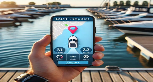 A boat tracker app showing a live map with the boat's location, displayed on a smartphone held by a person on a dock with boats in the background