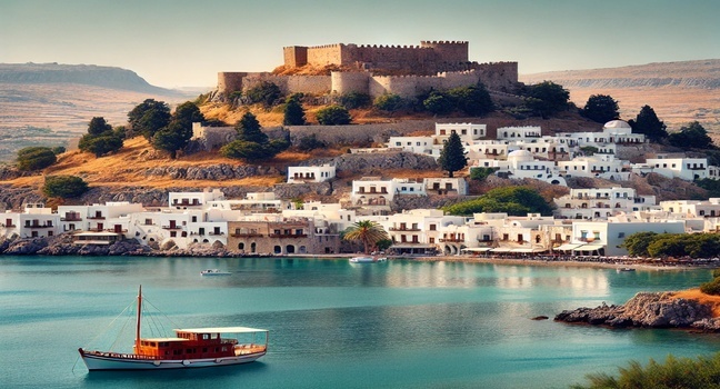 Lindos, Rhodos Rent a Boat, showcasing the ancient Acropolis atop a hill, whitewashed houses, and a tranquil sea