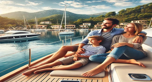 A family enjoying a peaceful moment on the deck of a yacht, surrounded by calm waters and a picturesque coastline, highlighting the joy of marina yachting