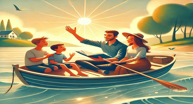 A family enjoying a peaceful boat ride, sharing stories and laughter under a sunny sky, creating a heartwarming boat story