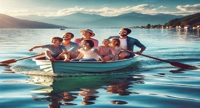 A happy family with children enjoying a fun boat ride on calm waters, with distant mountains and a sunny sky