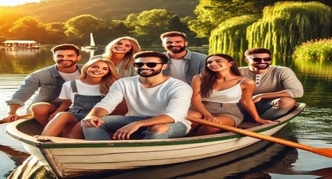 A cheerful group of friends on a small boat near a sunny lakeside, with lush greenery and a serene environment