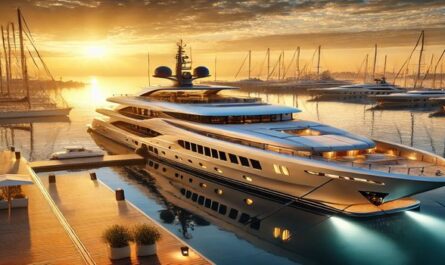 A luxurious yacht anchored near a scenic marina during sunset, with golden light reflecting on the water, showcasing the elegance of marina yachting