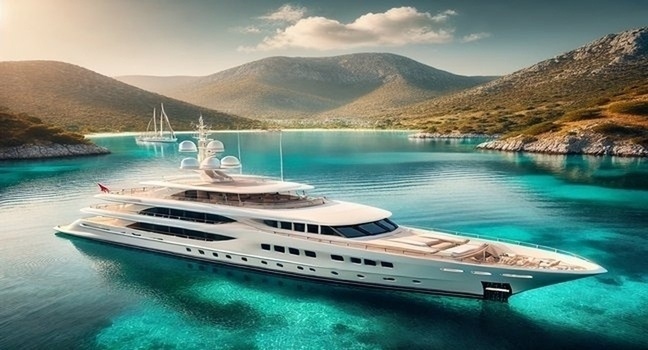 A stunning yacht anchored near a quiet bay with crystal-clear water and green hills, under a bright sunny sky